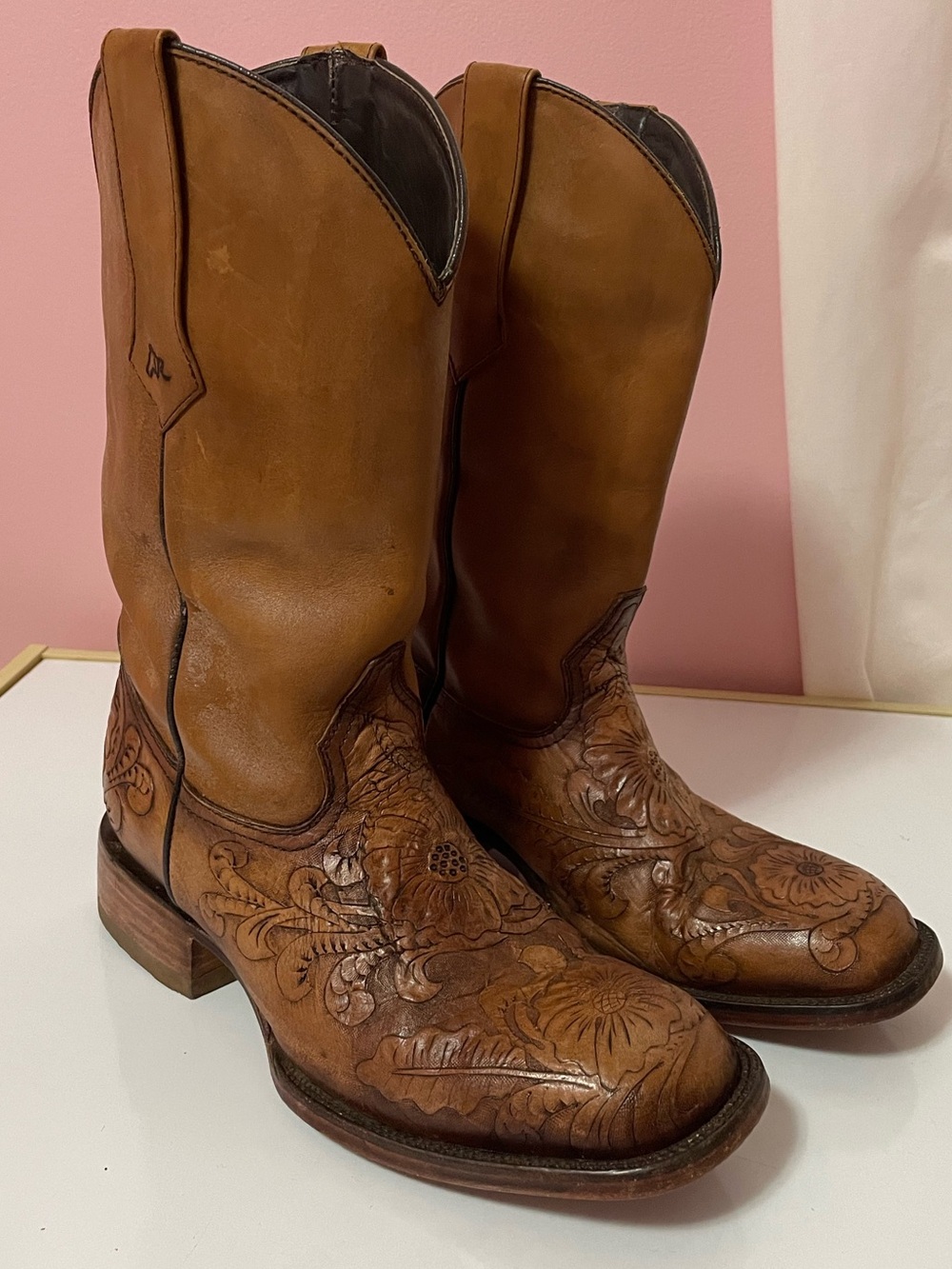 Classic Brown Tooled Leather Cowboy Boots hand tooled
